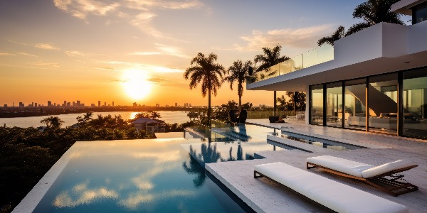 Modern villa with a private rooftop infinity pool overlooking the Miami skyline in Florida